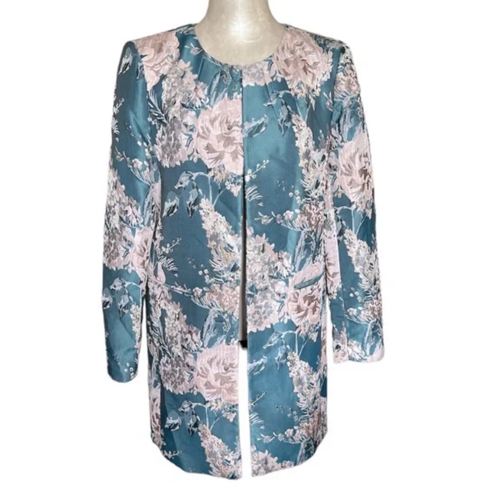 Tahari ASL Women's Floral-Jacquard Topper Jacket - Teal Pink jacket NEW 8 - Picture 3 of 10